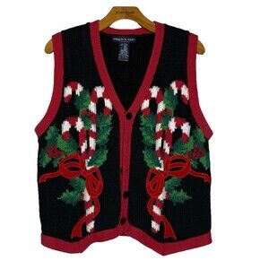 Vintage Womans Eagle Eye Vest Medium Candy Cane Bow Christmas Holiday Festive M